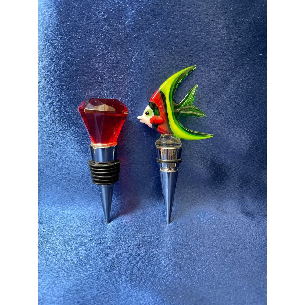 Pair of Bottle Stoppers Red Ruby and Glass Angel Fish